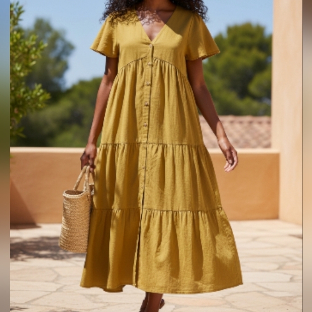 OFFON Women's Mustard Bohemian Prairie Tiered Maxi Dress with Buttons & Pockets